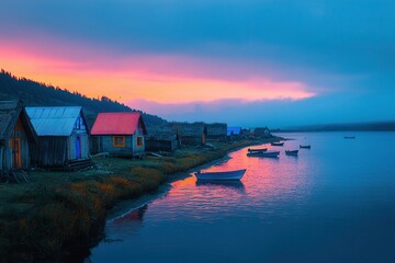 Dusk over a sleepy fishing village during San Pedro Festival in Chile.