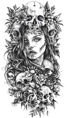 Tribal Womans Head Surrounded by Skulls tattoo flash styles illustration