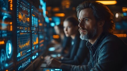 Team in a modern work environment brainstorming strategies, surrounded by digital screens and creative tools.