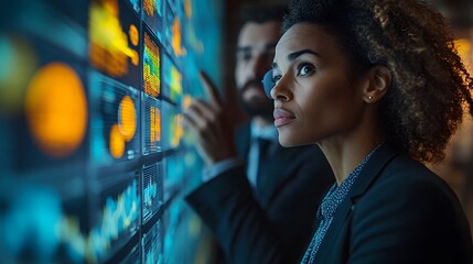 Professionals in a contemporary office participating in a collaborative brainstorming session, with charts and diagrams on display.