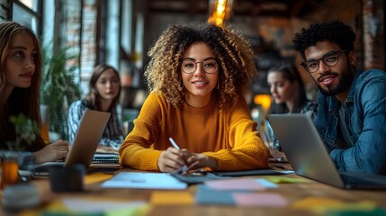 Team members in a contemporary workspace brainstorming project ideas, using laptops and digital collaboration tools.