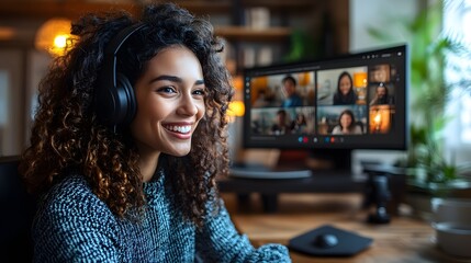 Diverse team gathered in a collaborative environment, using video conference tools to brainstorm and share insights.