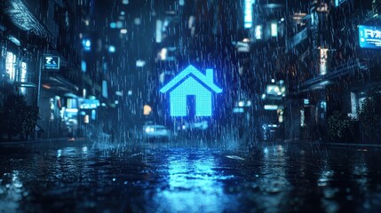 Obraz premium Neon Home Icon in Rainy City Night