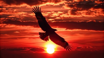 Obraz premium Silhouette of a Hawk Soaring Through a Fiery Sunset Sky