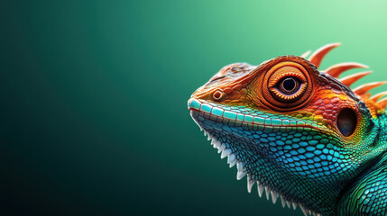 Detailed close-up of a vibrant iguana showing its colorful scales and intricate facial features against a green background.