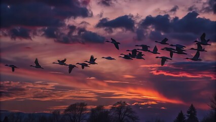 Obraz premium A Flock of Geese Flying Against a Dramatic Sunset Sky