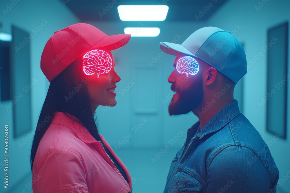 Poster neural duet two individuals in harmony their minds in perfect sync visualized through a symmetrical 