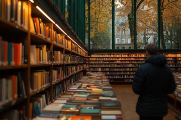 German bookstore interior with shelves filled with books, warm ambient lighting, people browsing for new reads, quiet and reflective November afternoon. 