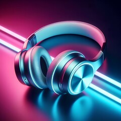 Silver metallic white wireless bluetooth headphones on neon light abstract background.
