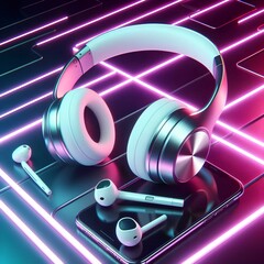 Silver metallic white wireless bluetooth headphones on neon light abstract background.