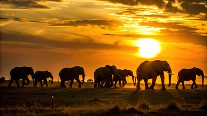 Fototapeta premium Elephant Herd Silhouetted Against a Vibrant Sunset