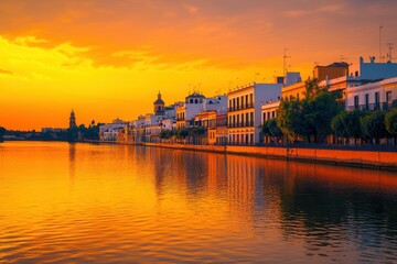 Obraz premium Golden hour in a lakeside town during Feria de Abril in Seville, Spain.