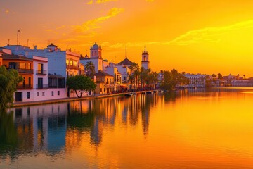 Naklejka premium Golden hour in a lakeside town during Feria de Abril in Seville, Spain.
