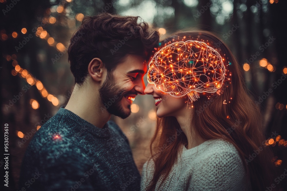 Poster fiery neural affection a couple sharing a close connection with their minds lit up by vibrant brain 