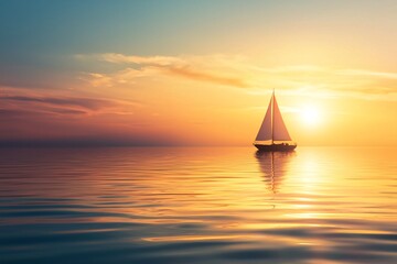 Fototapeta premium A solitary vessel floats on a serene sea at dusk, enveloped in a warm light that paints a scene of peaceful isolation.