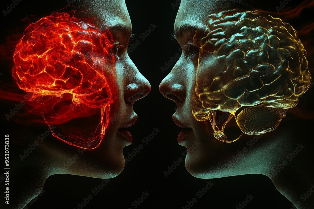 Poster fiery neural interaction a bold depiction of two minds in intense cognitive and emotional exchange t