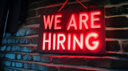 Obraz premium Neon sign that reads “WE ARE HIRING” - join our team - recruiting sign 