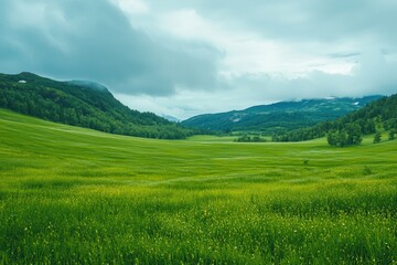 Obraz premium Lush green landscape under a bright sky during Midsommar in Sweden.