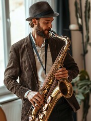 A skilled artist pours heart and soul into their saxophone, enveloping the space in rich, emotive jazz tunes.