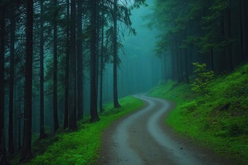 Naklejka premium Misty forest path during Sairme Toba Festival in Georgia