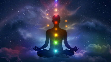 Cosmic Meditation and Chakra Alignment in a Celestial Realm. A meditative figure sits enveloped in clouds, illuminated by vibrant chakra colors, embodying spiritual energy and tranquility.