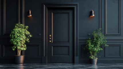 Fototapeta premium 3D render of a closed door in a dark room with a black background modern minimal architectural interior element.