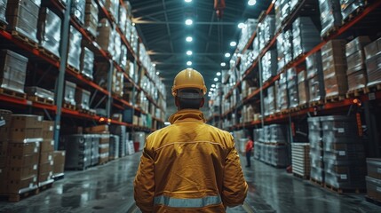 A warehouse worker inspects inventory in a large storage facility during evening hours. Generative AI