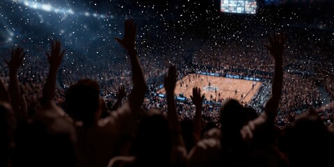 Crowd Cheering at Basketball Game with Confetti
