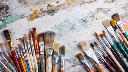 Obraz premium A Collection of Paintbrushes on a Weathered Wooden Surface