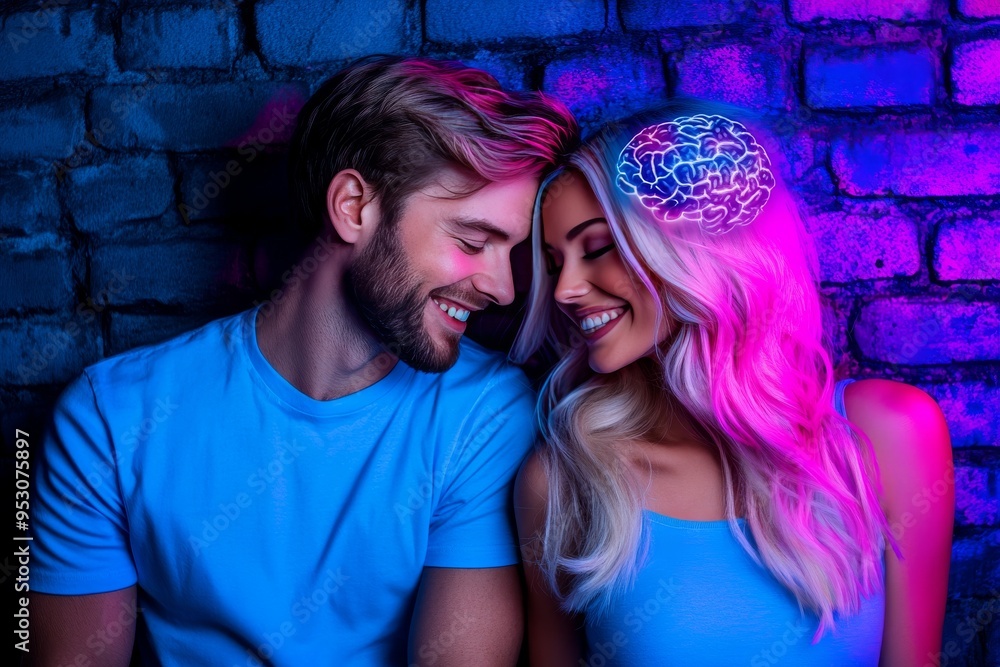 Poster neon neural love a couple sharing a joyful connection through a vibrant brain visualization in a col