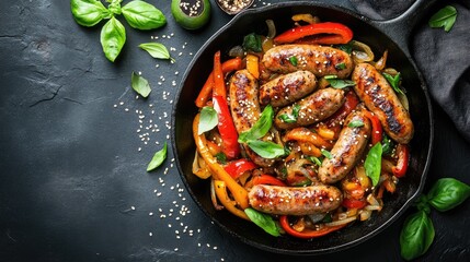 A skillet filled with grilled sausages and colorful bell peppers garnished with basil.