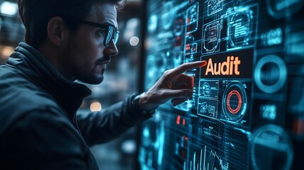 A medium shot of a business professional pointing at a virtual screen with "Audit" highlighted, surrounded by financial data and icons, bright office lighting, 
