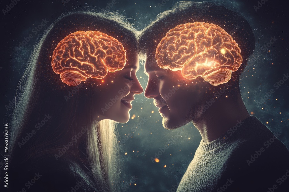 Poster neural connection a couple sharing an intimate cognitive and emotional bond through a radiant brain 