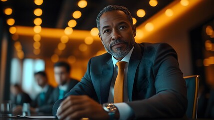A low angle medium shot of an executive conducting a training session, with employees attentively listening, in a modern corporate boardroom, warm ambient lighting from overhead fixtures, 