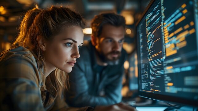 
A low angle close-up shot of a group of software engineers from different cultures analyzing code on a large screen, bright office lighting, shot with a Nikon Z7 II, 85mm lens, clear and natural tone