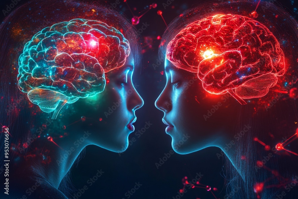 Poster red neural synapse a vivid depiction of two minds connected by a vibrant brain visualization highlig
