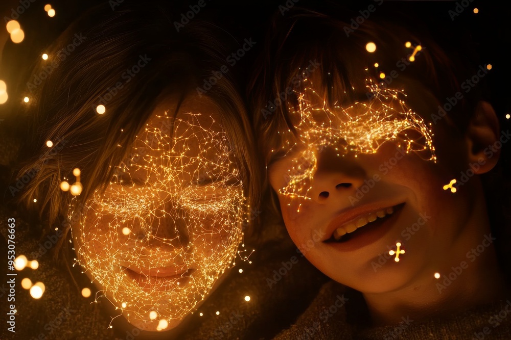 Poster golden neural glow a cozy connection between two individuals illuminated by a warm brain visualizati