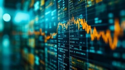 A high angle shot of financial charts overlaid on a banner background filled with currency symbols and banknotes, vibrant blue and green tones, 