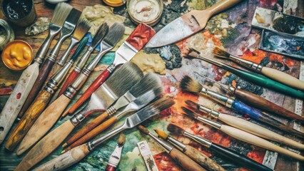 Obraz premium A Collection of Paintbrushes and Palette Knives on a Wooden Palette with Dried Paint