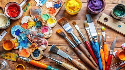 Fototapeta premium Artist's Palette with Brushes and Paints on Wooden Surface