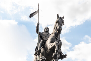 The famous monument to the Saint Wenceslas on horseback at the famous Wenceslas Square in Prague in Czech Republic