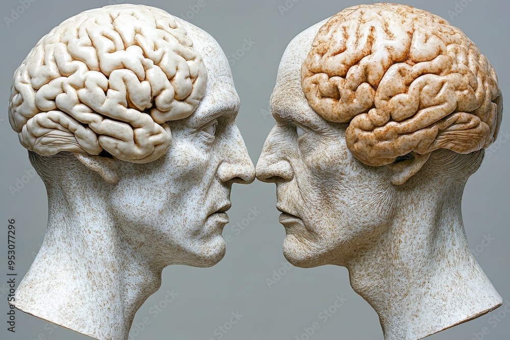 Poster symmetrical neural balance two sculpted faces sharing a perfect cognitive connection visualized thro