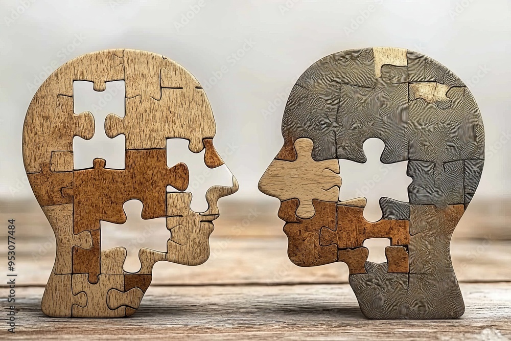 Poster puzzle of minds a conceptual art depiction of two faces connected by a brain puzzle symbolizing the 