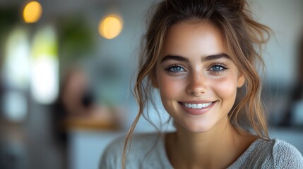 Obraz premium A close-up shot of a woman smiling as she listens to her team during a video conference, friendly and professional atmosphere,