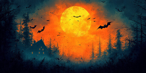 Halloween night with a spooky house and bats, Halloween background