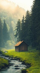Rustic wooden cabin in the Black Forest, surrounded by tall pine trees, soft morning light filtering through the trees, a small stream flowing nearby, peaceful and secluded. 