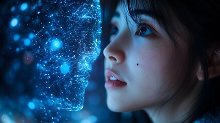 A close-up shot of a person engaging in conversation with a holographic AI chatbot, intricate neural network patterns in the background, low ambient lighting
