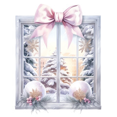 Festive winter window scene framed by a pink bow, with a snowy landscape view and holiday decorations on the sill.