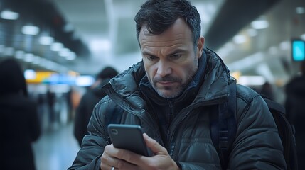 Close-Up of Businessman Typing on Smartphone While Waiting at Airport Security - Focused Expression and Clear Details