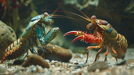Peacock mantis shrimp teaching martial arts in an underwater dojo, a playful scene that combines the shrimp’s powerful punch with a traditional martial arts setting 
